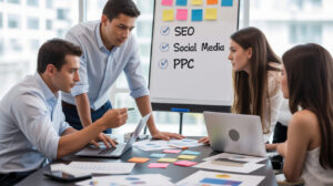 Small business owner developing a digital marketing plan to boost local business marketing online.