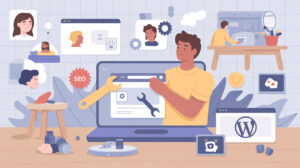 Illustration showing a developer fixing common WordPress mistakes for beginners, including SEO, security, and performance issues